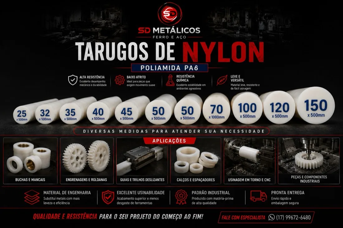 Barras de nylon PA6 em diversas medidas para torno e CNC